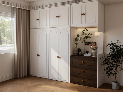 Modern White Wardrobe With Golden Handles And Brown Drawer Cabinet Decorated With Plants 3d model
