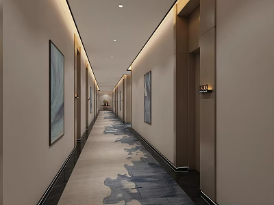 Modern Hotel Corridor With Soft Lighting Patterned Carpet And Wall Art Decor 3d model