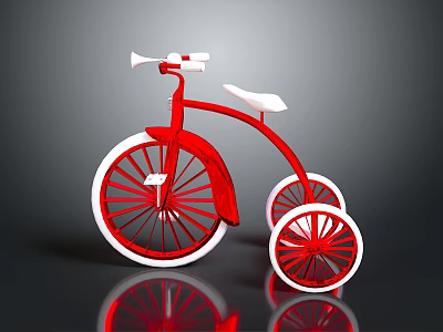 Red Classic Tricycle with White Seat and Rims on Dark Background with Reflective Surface 3d model