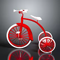 Red Classic Tricycle with White Seat and Rims on Dark Background with Reflective Surface