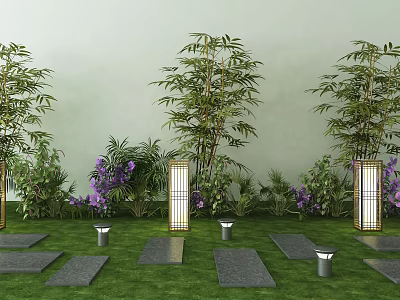 Outdoor Lights in Garden with Green Plants Bamboo Purple Flowers Stone Path and Grass 3d model