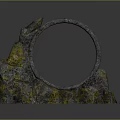 Wood Stone Artistic Sculpture With Irregular Rock Base Circular Ring And Green Patterns
