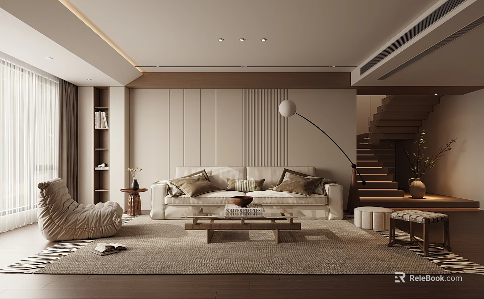 Modern Neutral Tones Living Room Interior With Beige Sofa Wooden Coffee Table And Floor Lamp 3d model 