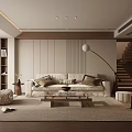 Modern Neutral Tones Living Room Interior With Beige Sofa Wooden Coffee Table And Floor Lamp
