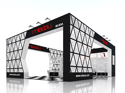 Modern Open Exhibition Booth With Black White Triangles Red Maozu SEADA Brand Logo 3d model