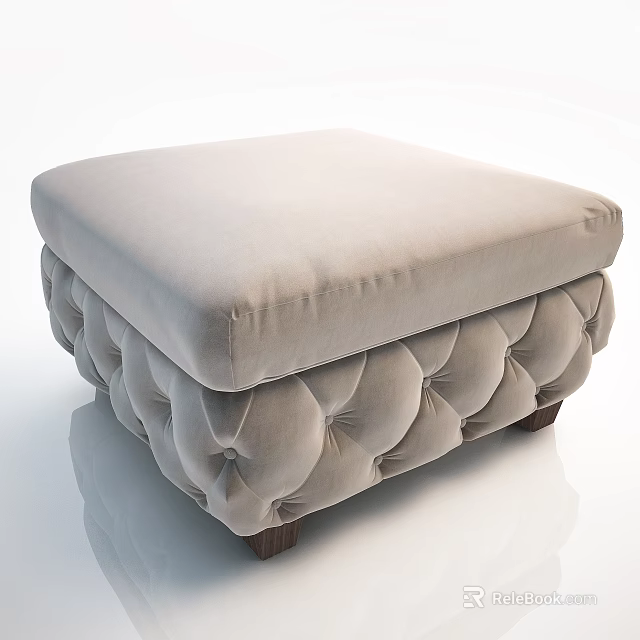 Light Beige Velvet Tufted Ottoman With Padded Seat And Wooden Legs 3d model 