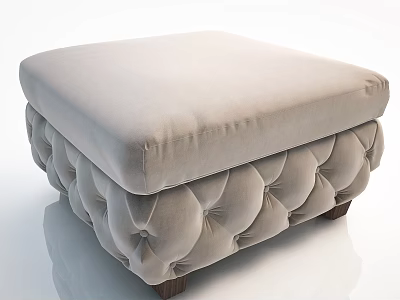 Light Beige Velvet Tufted Ottoman With Padded Seat And Wooden Legs 3d model