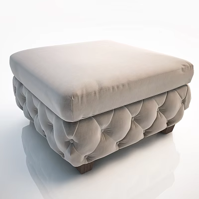 Light Beige Velvet Tufted Ottoman With Padded Seat And Wooden Legs 3d model