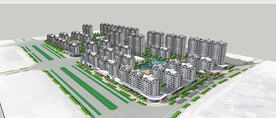 Large Residential Complex With High Rise Apartment Buildings Green Spaces And Water Feature 3d model 