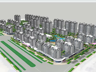 Large Residential Complex With High Rise Apartment Buildings Green Spaces And Water Feature 3d model