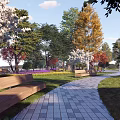 Urban Landscape Garden With Riverside Stones Green Trees Colorful Flowers Pathway And Tall Buildings