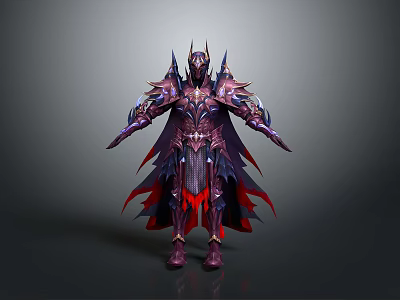 Mythical Warrior Character in Elaborate Purple Red Armor with Spiked Details and Cape 3d model