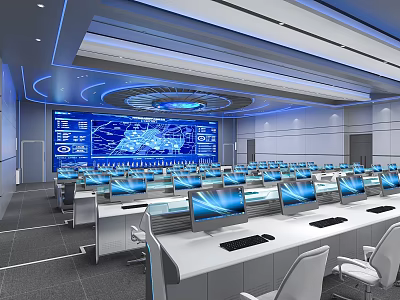 Modern Control Room Interior With Large Display Screen Multiple Computer Monitors And Workstations 3d model