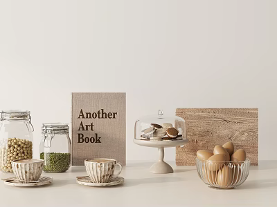 Fresh Beans Herbs and Eggs in Glass Jars with Teacups Art Book on Wooden Board 3d model