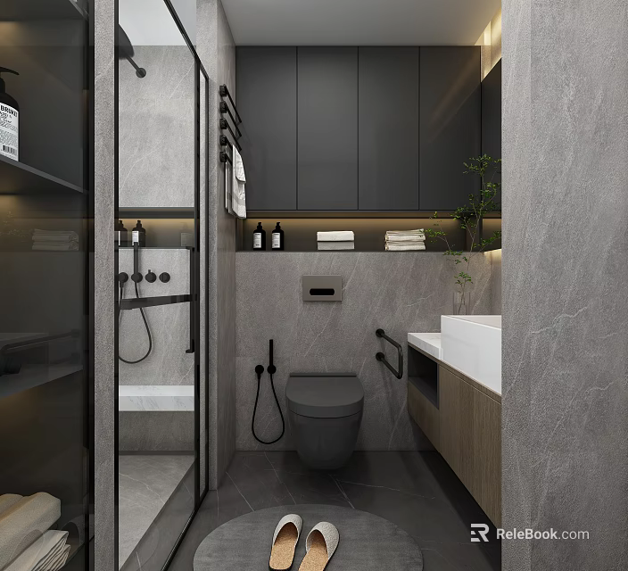Sleek Modern Grey Bathroom Interior Design With Glass Shower Enclosure And Built In Cabinets 3d model 