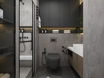 Sleek Modern Grey Bathroom Interior Design With Glass Shower Enclosure And Built In Cabinets 3d model