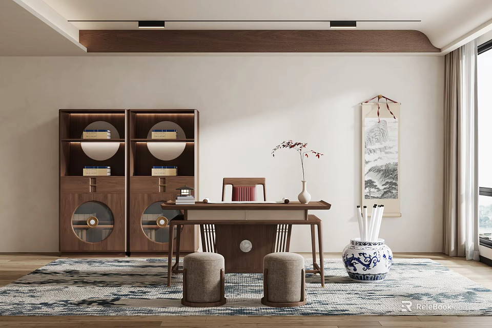 Traditional Chinese Study Room With Wooden Bookshelves Desk Scroll Painting And Porcelain Vase 3d model 
