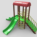 Outdoor Playground Equipment With Red Roof Yellow Ladder Green Slides And Brown Pillars