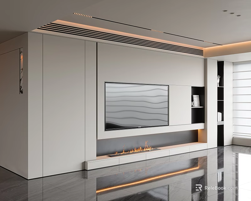 Modern White TV Wall Design With Built-in TV Fireplace And Lighting Strips 3d model 