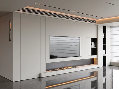 Modern White TV Wall Design With Built-in TV Fireplace And Lighting Strips 3d model