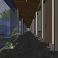 Hotel Corridor Modern Interior With Wooden Ceiling Green Plants Sleek Floor And Ambient Lighting