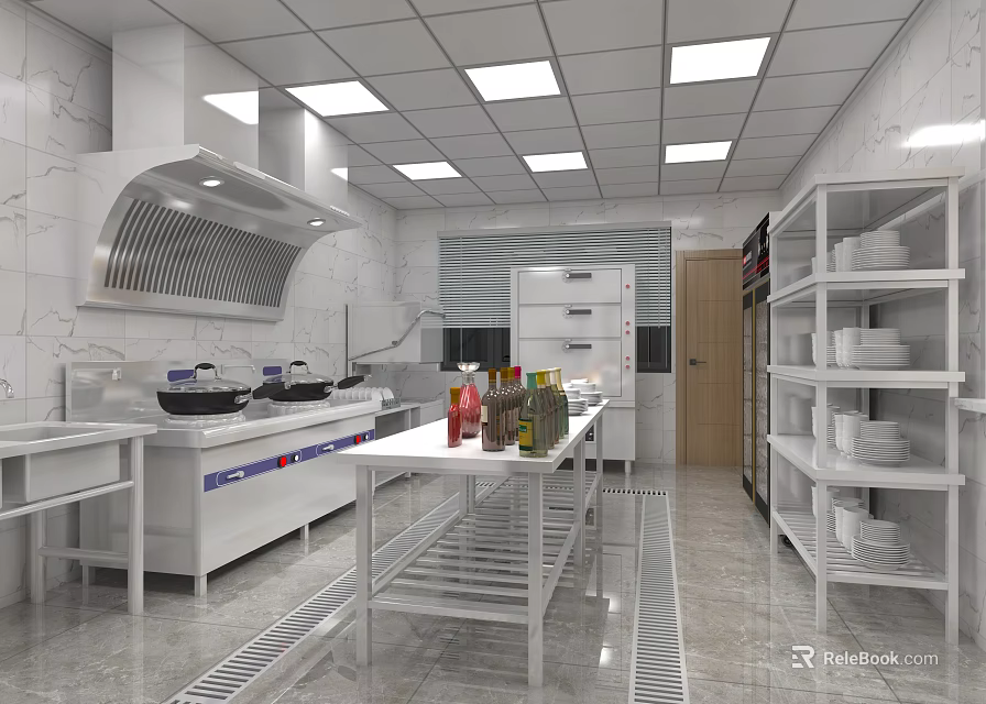Commercial Kitchen Interior With Stainless Steel Appliances Worktable Range Hood And Storage Shelves 3d model 
