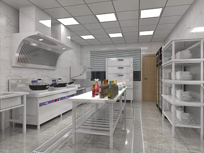 Commercial Kitchen Interior With Stainless Steel Appliances Worktable Range Hood And Storage Shelves 3d model
