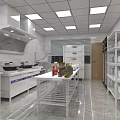 Commercial Kitchen Interior With Stainless Steel Appliances Worktable Range Hood And Storage Shelves