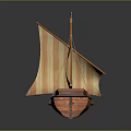 Wooden Sailboat Model With Orange And White Striped Sails And Mast
