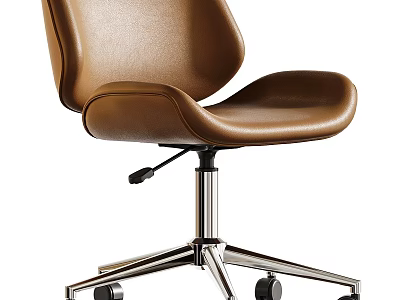 Brown Leather Armchair with Modern Design Metal Base and Swivel Wheels 3d model