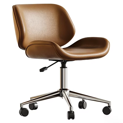 Brown Leather Armchair with Modern Design Metal Base and Swivel Wheels 3d model