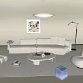 White Multi Person Sectional Sofa With Round Coffee Table Floor Lamp And Colorful Abstract Painting