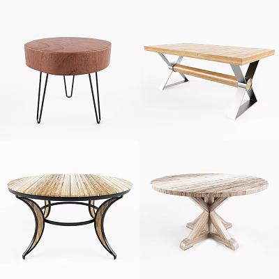 Modern Table and Stool Set Featuring Round Wooden Tops and Metal Cross Legs 3d model