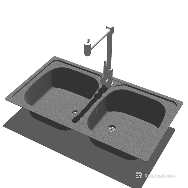 Modern Double Bowl Kitchen Sink With Gray Surface And Faucet Design 3d model 