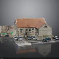 Small Stone Building With Red Roof And Parking Lot With Cars And Tree