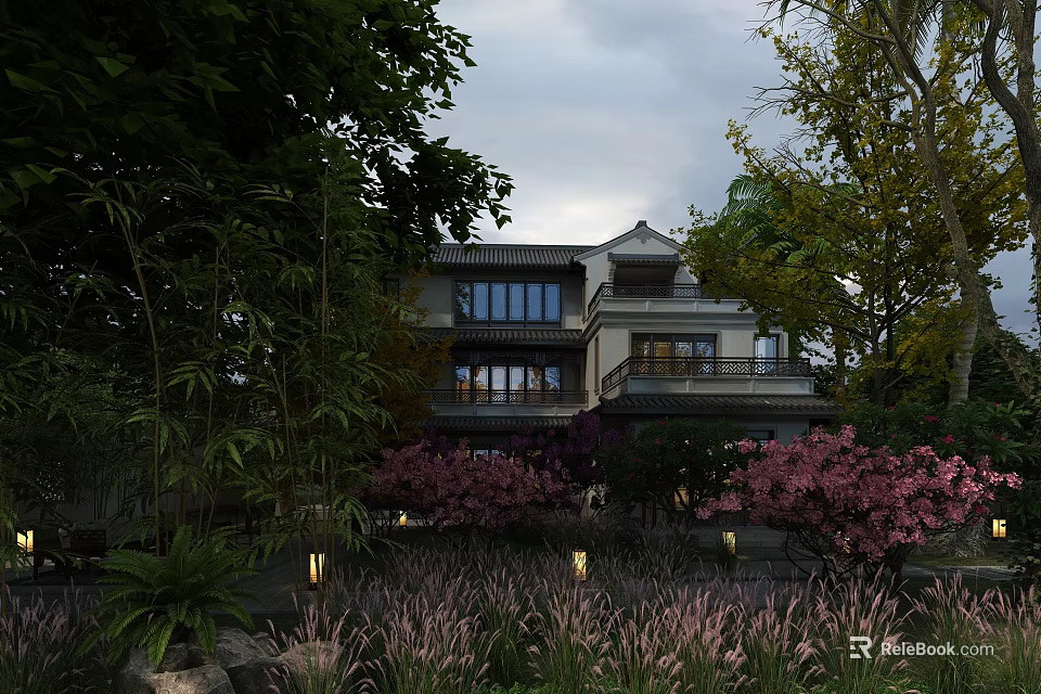 Traditional Chinese Boutique Guesthouse Surrounded by Lush Trees Pink Blossom Flowers and Garden Lights 3d model 