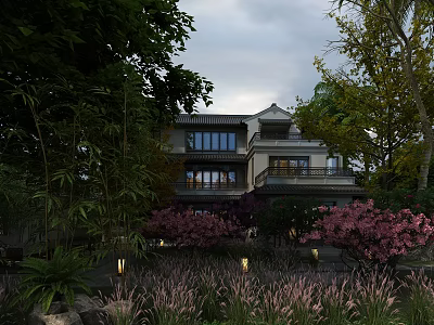 Traditional Chinese Boutique Guesthouse Surrounded by Lush Trees Pink Blossom Flowers and Garden Lights 3d model