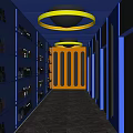Modern Bar Corridor With Neon Lights Blue Orange Lighting Mirrored Walls And Marble Floors