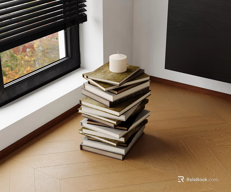 Candle Topped Stack of Books on Wooden Floor by Window with Black Blinds 3d model 