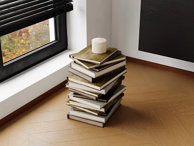 Candle Topped Stack of Books on Wooden Floor by Window with Black Blinds 3d model