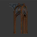 Classic Architectural Wooden Arched Structure with Decorative Iron Lattice and Carved Posts