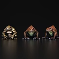 Three Colorful Toads With Detailed Features Posed On Black Background