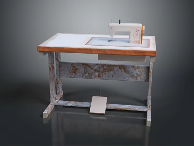 Vintage Sewing Machine Placed On Rustic Wooden Table With White Top 3d model