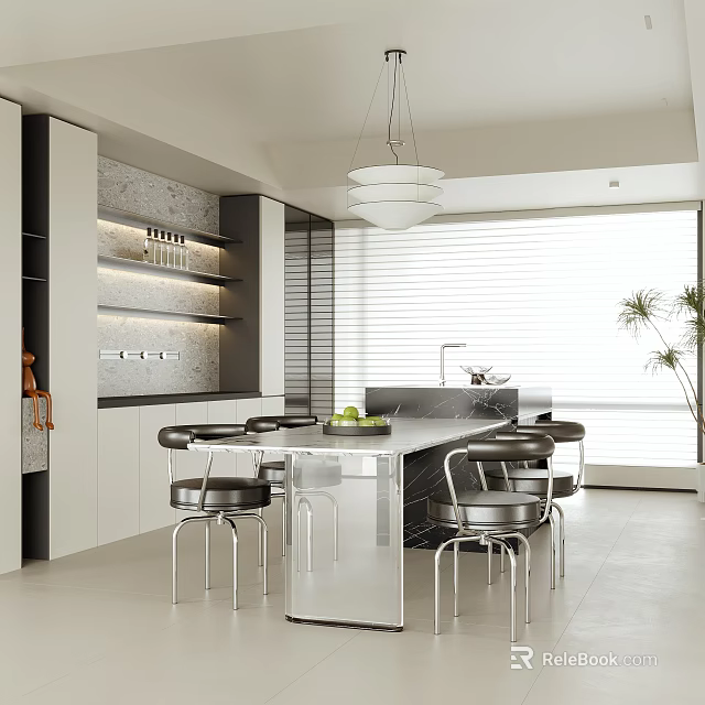 Modern Open Restaurant Interior With Marble Island Table And Bar Stools 3d model