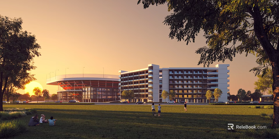 Modern School Building Featuring Multi Story Design Green Lawn And Students Playing Around 3d model 