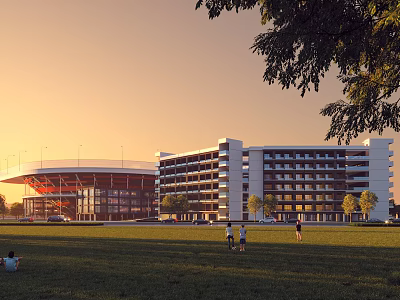 Modern School Building Featuring Multi Story Design Green Lawn And Students Playing Around 3d model