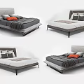 Modern Double Bed with Upholstered Headboard White Grey Orange Pillows and Blanket 3d model