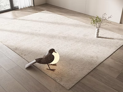 Square Beige Area Rug On Wooden Floor With Bird Figurine White Vase And Plants 3d model