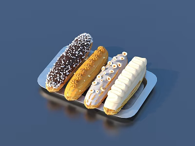 Delicious Eclairs With Chocolate Caramel Toppings Sprinkles And Nuts On Silver Tray 3d model