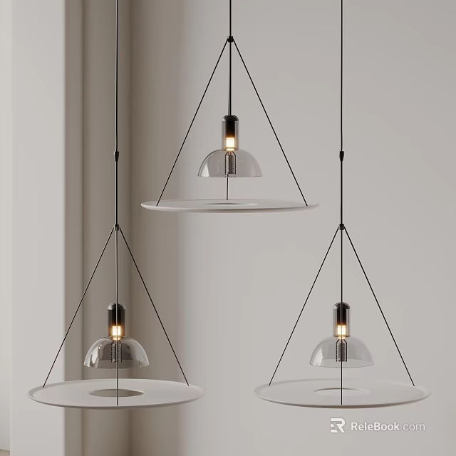 Three Modern Pendant Lights With Transparent Glass Shade And Black Metal Hanging Frame Design 3d model 